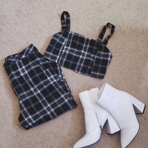 ROMWE black and white plaid two piece set